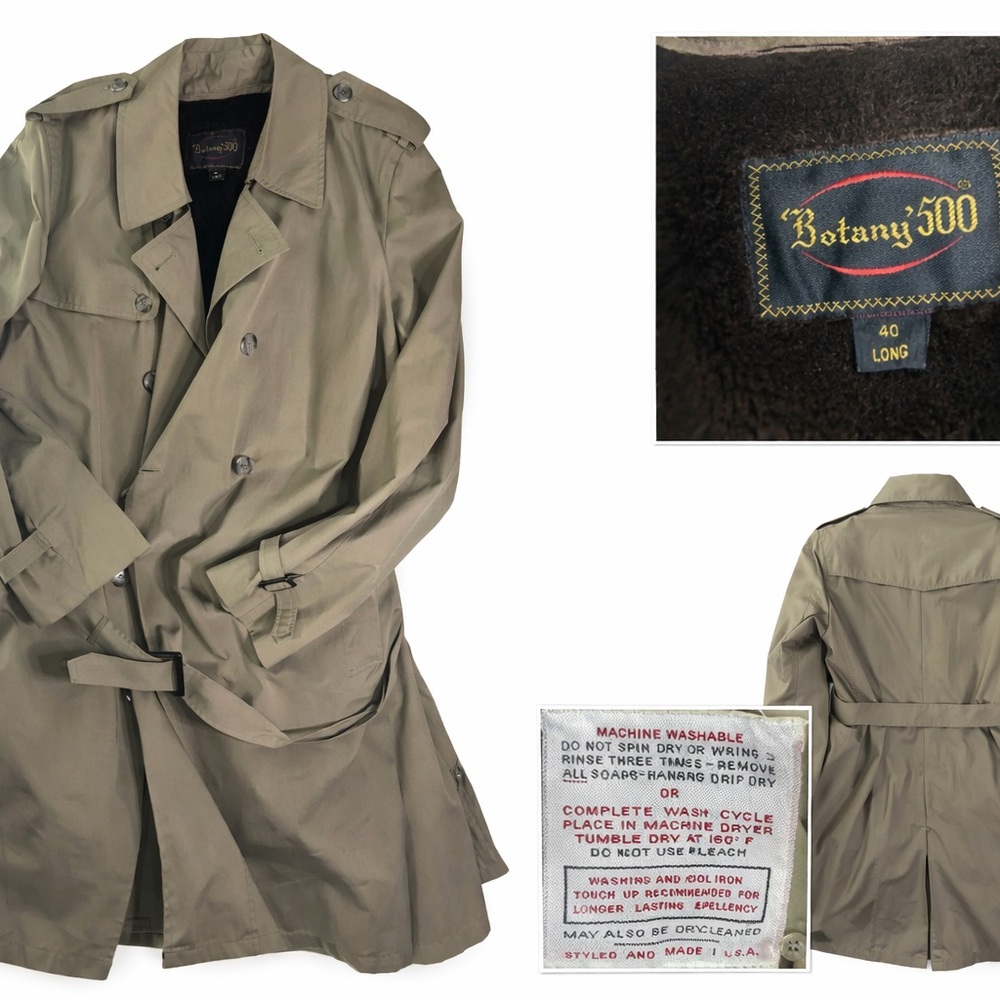 Botany 500 Mens Trench Coat Tan Khaki Double Breasted Belted Faux Fur Liner 40L